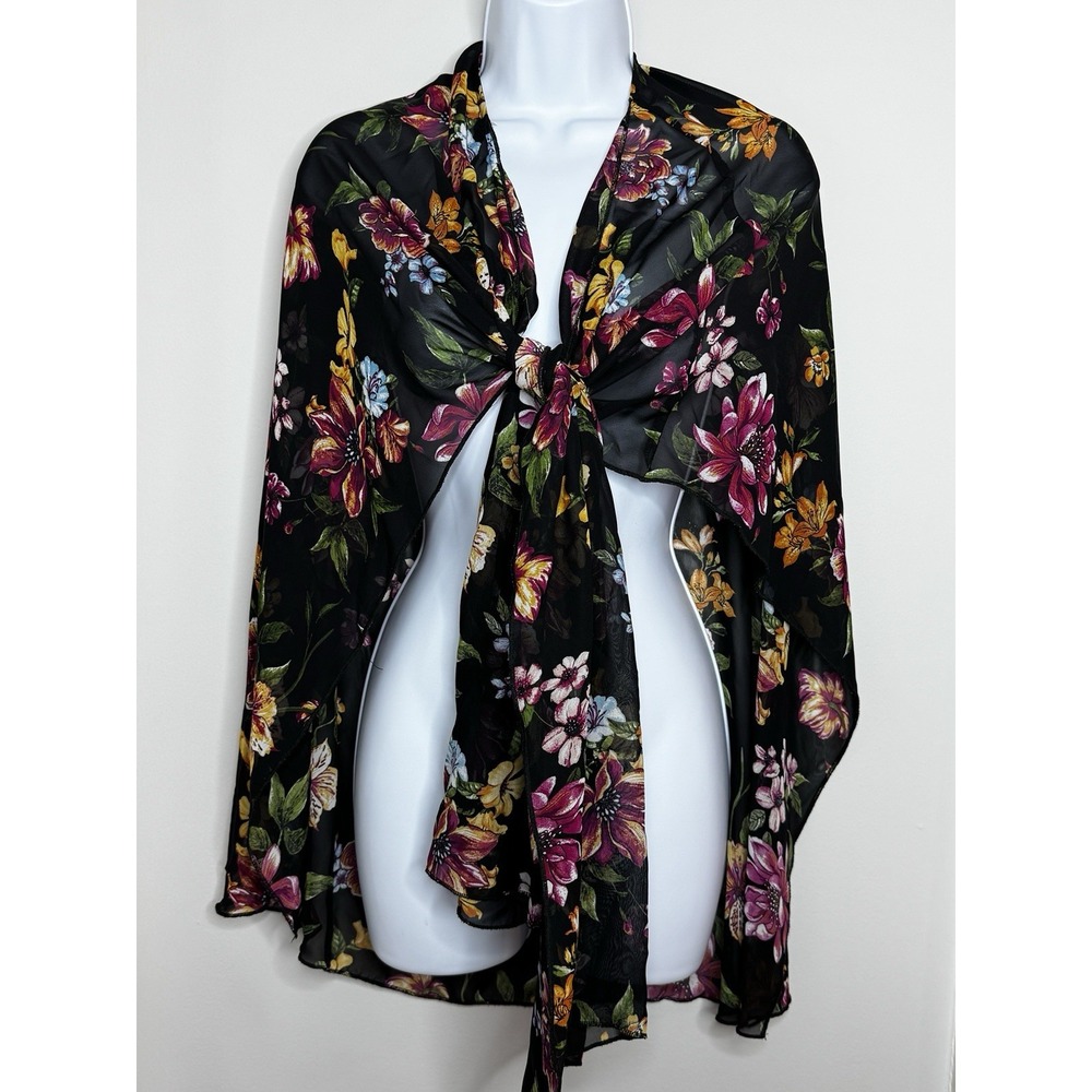Rue21 Black Floral Sheer Tie‎ Front Kimono Top Boho Chiffon Open Front One Size